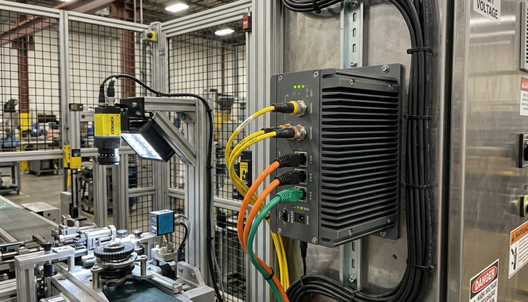 Eye-level view of a rugged industrial PC mounted near a machine cell.