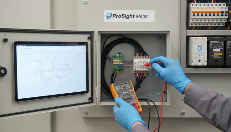 Eye-level view of technician hands testing a flow meter signal with a multimeter