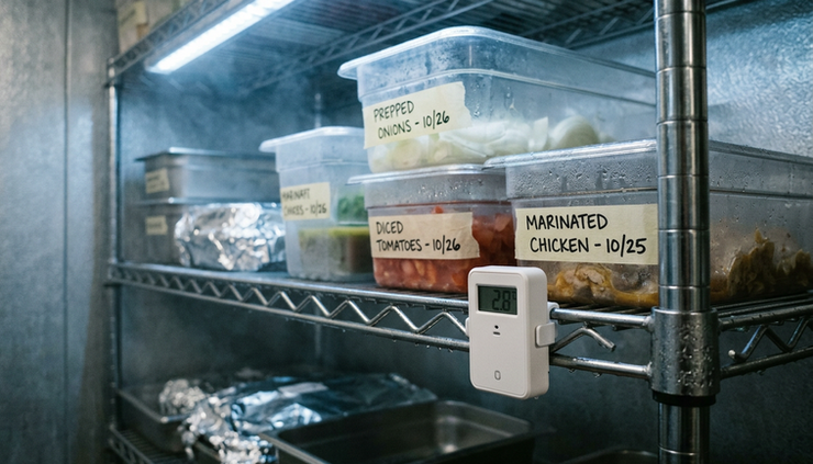 Close-up of a small wireless sensor attached inside a commercial coolroom.