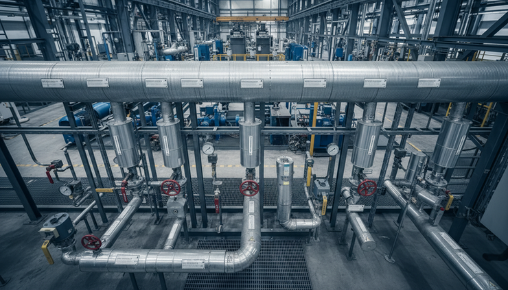 High-angle view of a steam header with several branch lines and installed flow instruments