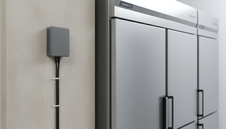 Eye-level view of a compact gateway mounted on a wall near refrigeration equipment.