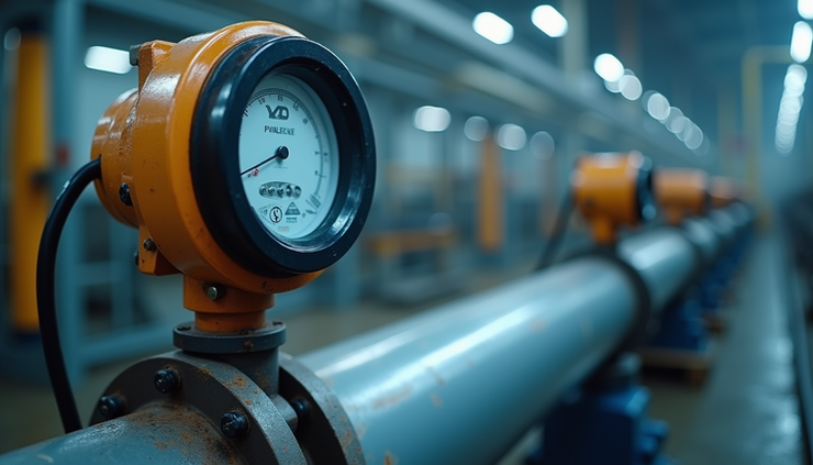 Close-up view of an electromagnetic flowmeter installed on a pipeline