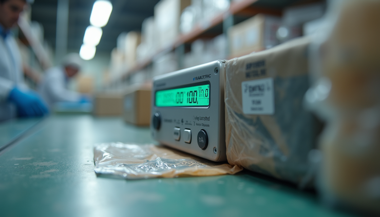 Close-up view of a digital temperature monitoring device attached to a pharmaceutical shipment