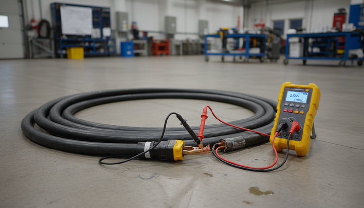 Wide-angle view of coiled industrial cable being checked with an insulation resistance tester