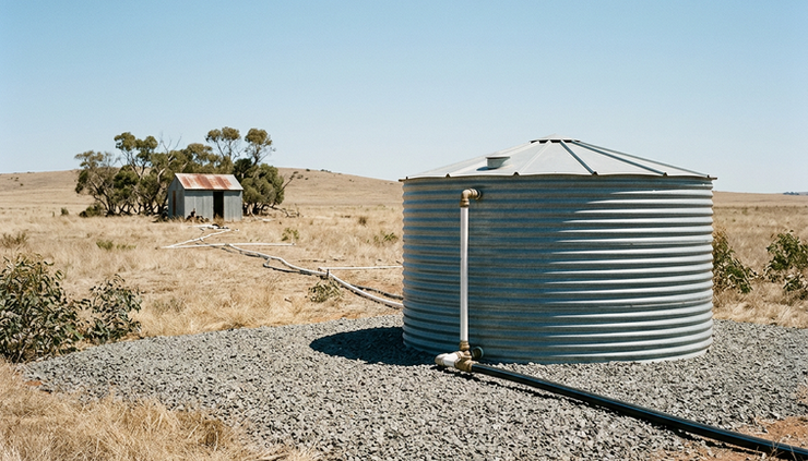 Wide-angle view of a remote water tank on rural high ground with a pump shed in the distance.