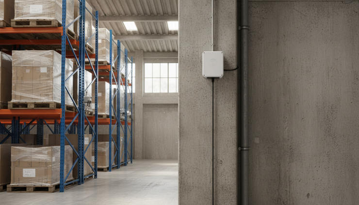Eye-level view of a wireless gateway mounted high on a warehouse wall near racking