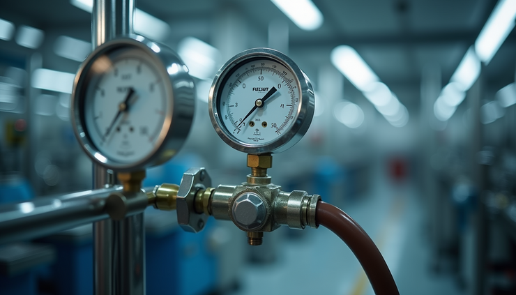 Eye-level view of a vacuum pressure gauge attached to a vacuum chamber