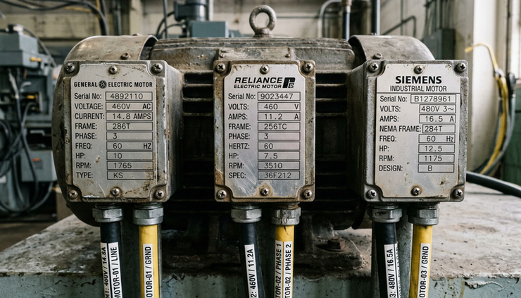 Close-up view of motor nameplates and current ratings on three electric motors.