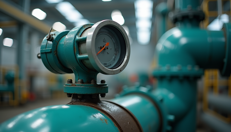 Close-up view of a diesel flow meter installed on a fuel pipeline