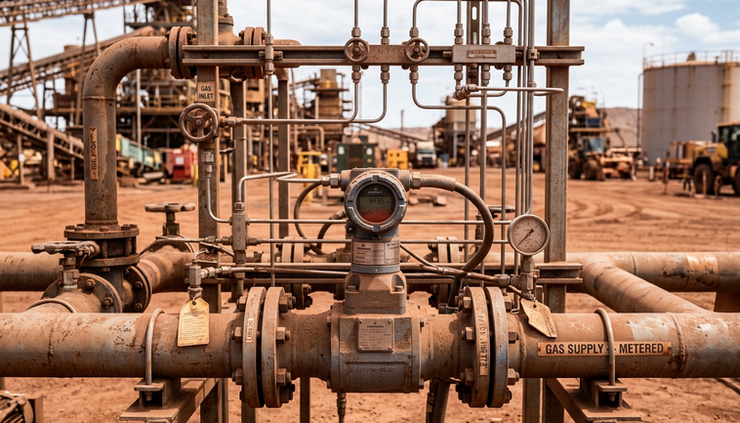 Eye-level view of dusty pipework and a gas meter near a mining processing area