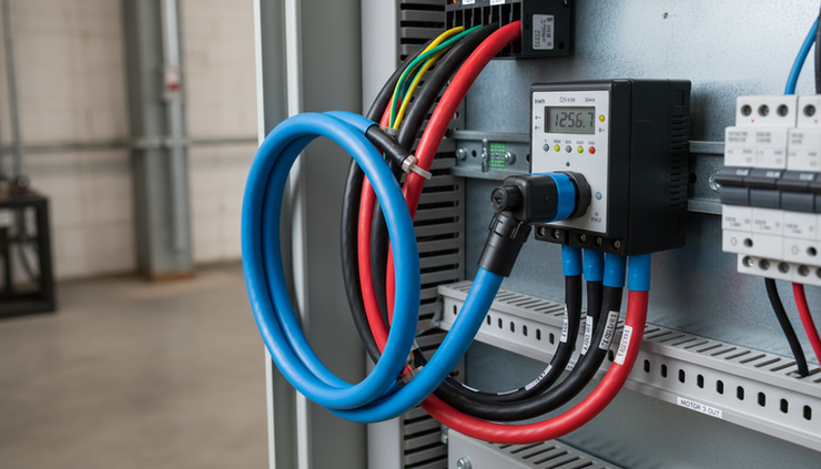 Close-up view of a flexible Rogowski coil wrapped around large industrial power cables