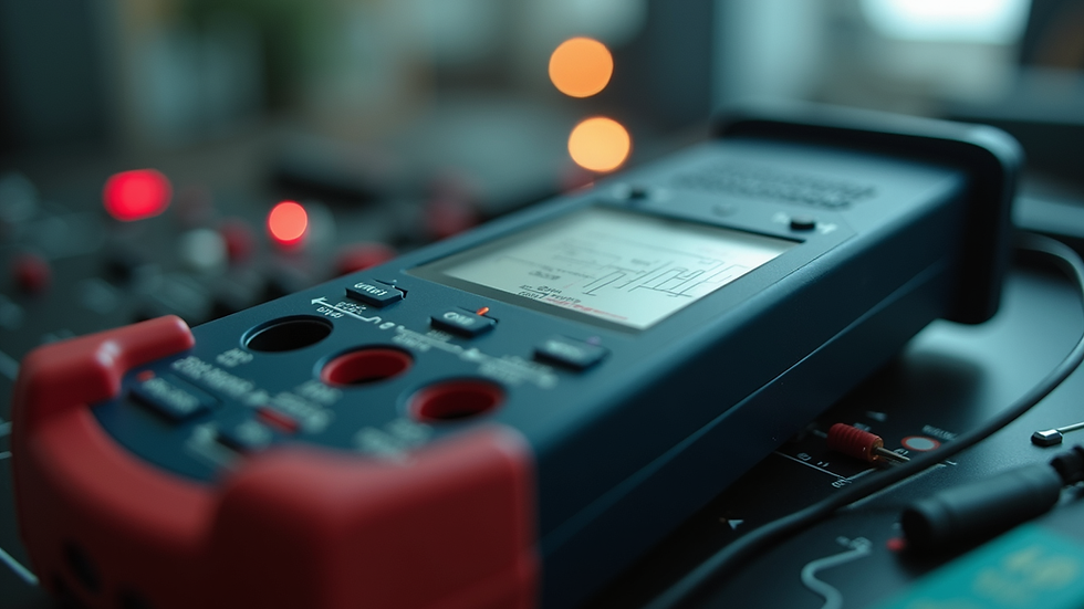 Close-up view of a professional multimeter displaying multiple measurement functions