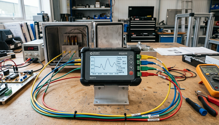 Wide-angle view of a data logger display showing a temperature trend beside connected sensor cables