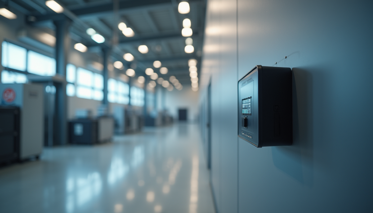 Eye-level view of a ProSight gateway device mounted on a wall in a spacious industrial room