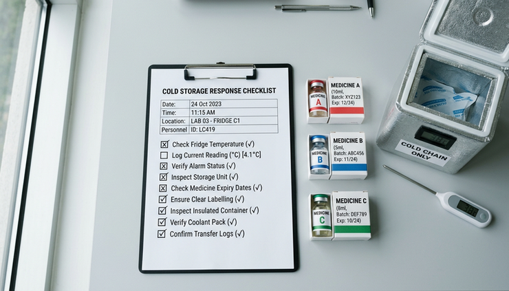 Overhead view of a bench with a cold storage response checklist beside labelled medicine packs.