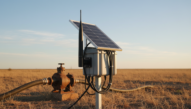 Close-up of a solar-powered monitoring enclosure with an antenna beside a remote pump