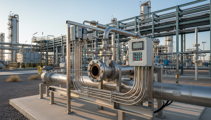 Wide-angle view of a gas metering skid with multiple transmitters and stainless tubing