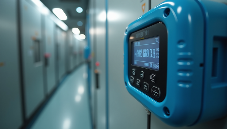 Close-up view of temperature and humidity monitoring device inside refrigerated cargo