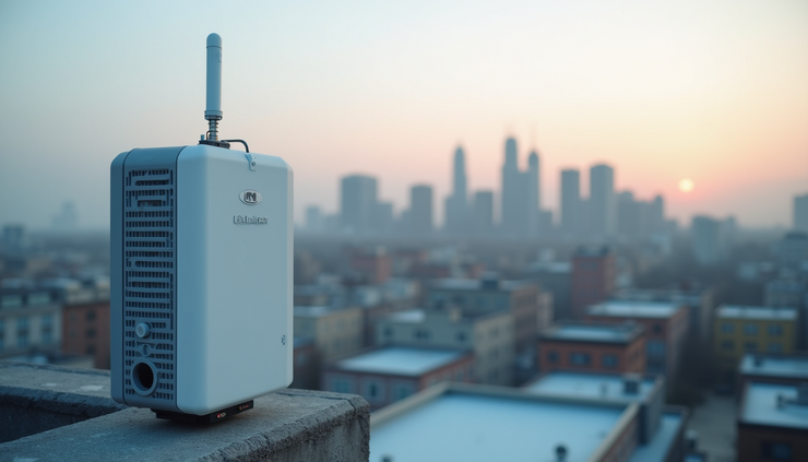 Eye-level view of a LoRaWAN gateway installed on a rooftop overlooking a cityscape