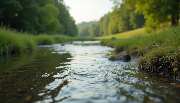 Eye-level view of a rural river used as a drinking water source