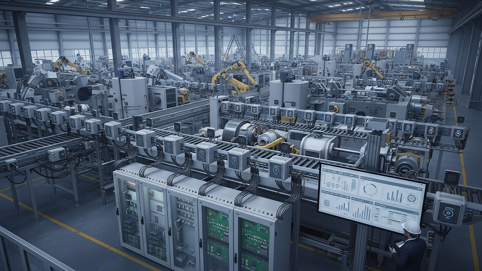 High angle view of industrial IoT sensors installed on machinery
