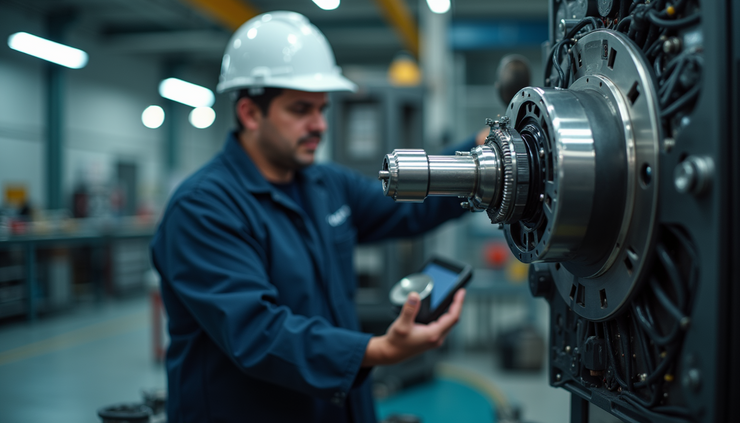 Eye-level view of a technician using a 3-axis vibration tester on an industrial motor