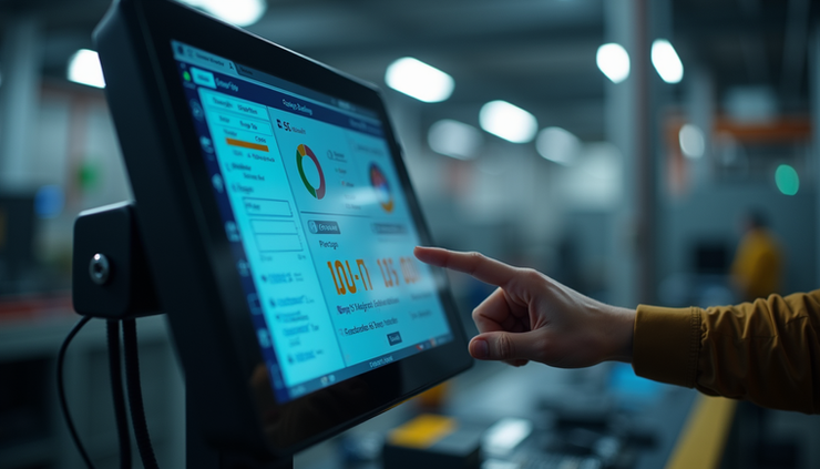 Eye-level view of the TK8100H 10-inch HMI touch panel mounted on industrial equipment