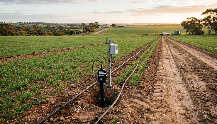 Wide-angle view of a soil moisture probe installed in a cropped paddock
