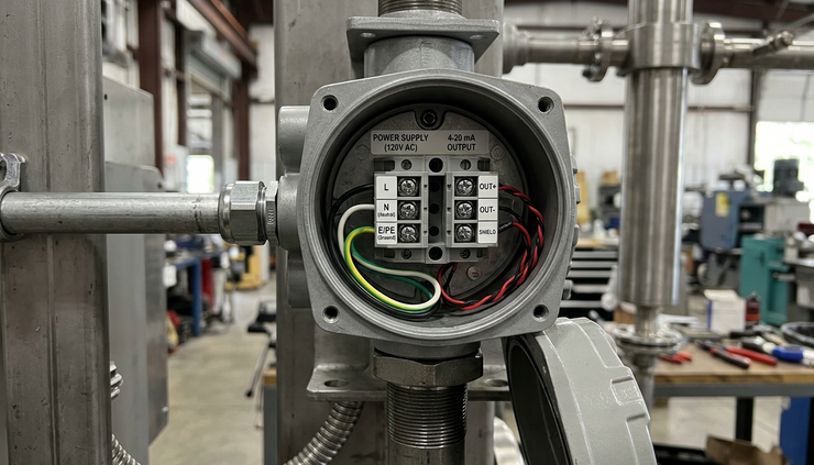 Eye-level view of a powered flowmeter transmitter with separate supply and analog output terminals.