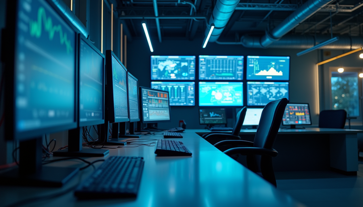 Eye-level view of a modern industrial control room with cloud-based SCADA interface on screens