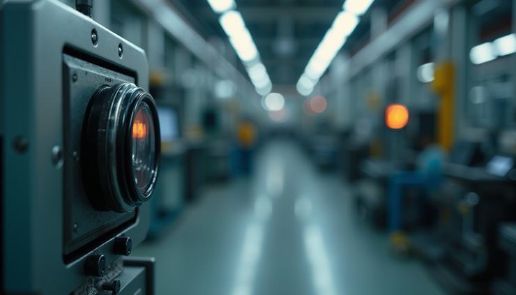 Eye-level view of an industrial sensor mounted on machinery in a factory setting