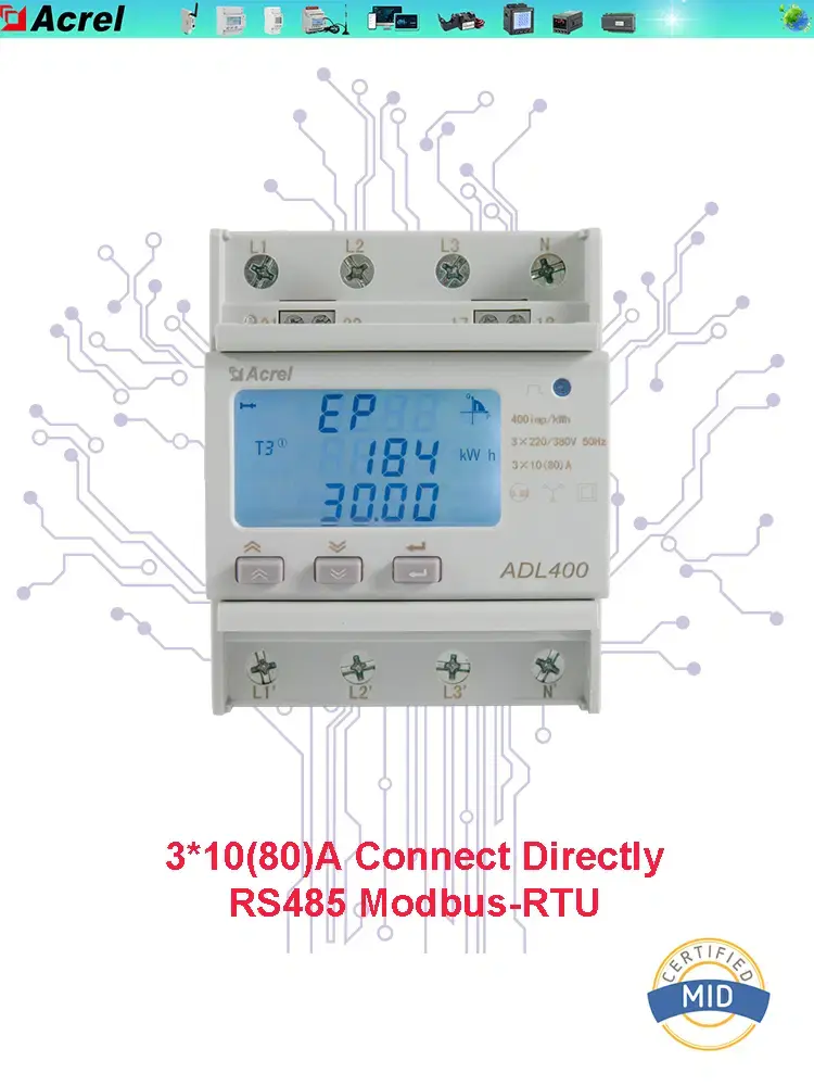 Thumbnail: 3-Phase MID Energy Meter – DIN Rail LCD Power & kWh Meter (Modbus RTU)