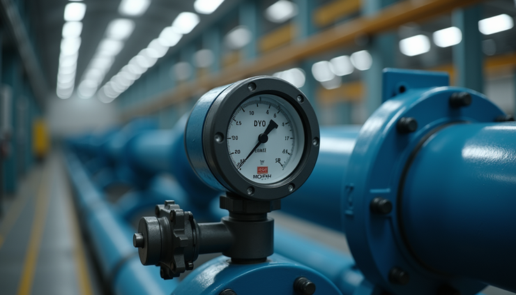 Eye-level view of industrial flow meter installed on a pipeline