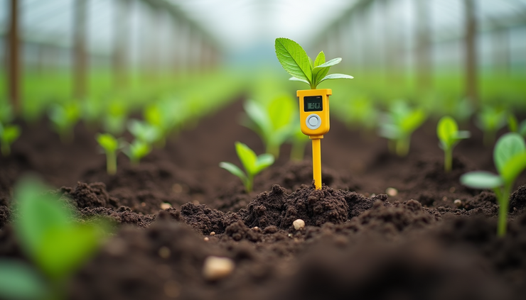Close-up view of soil probe inserted in greenhouse soil
