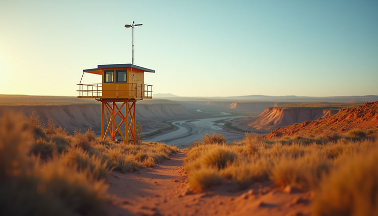 Eye-level view of a remote monitoring station overlooking an Australian mining site