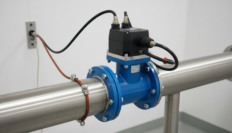 Close-up view of an electromagnetic flow meter mounted on a metal process pipe