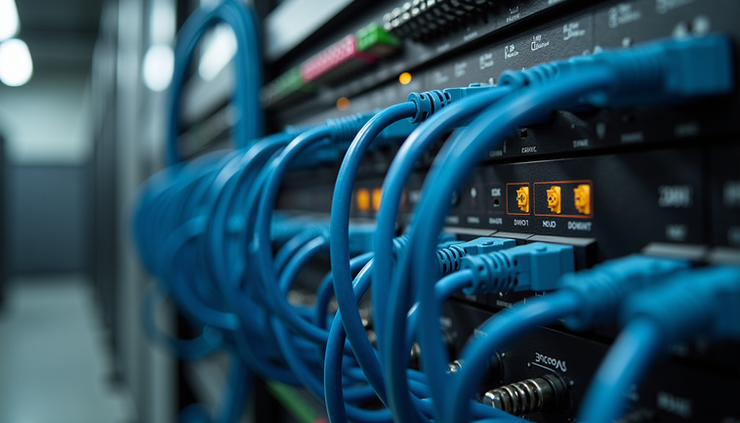 Eye-level view of industrial control panel with connected devices and network cables