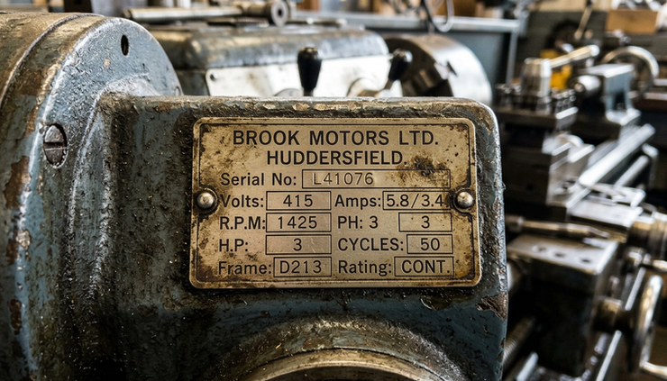 Close-up view of a worn three-phase motor nameplate on a lathe.