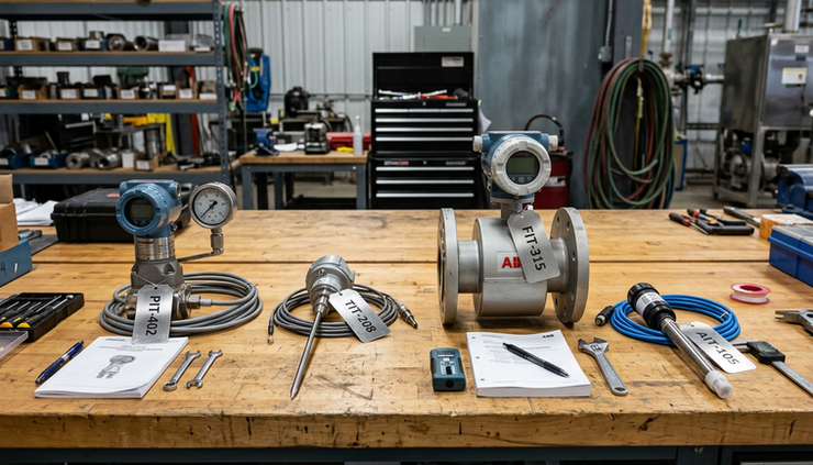 Wide-angle view of industrial instruments arranged on a maintenance bench.