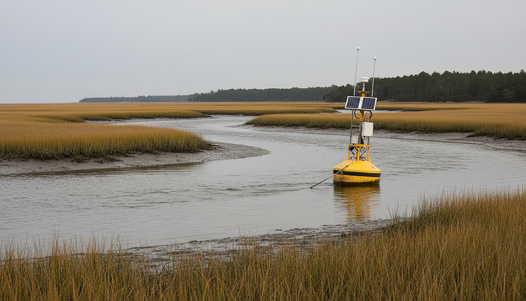 Wide-angle view of a water-quality monitoring buoy in a quiet estuary.
