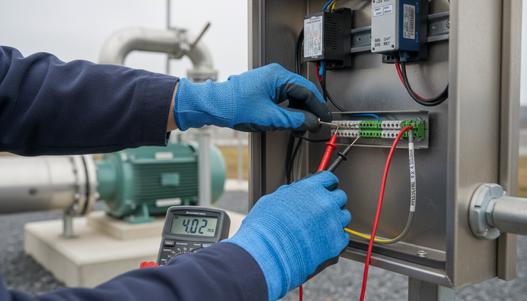Close-up view of a technician wiring a 4–20 mA pressure transmitter into a weatherproof telemetry enclosure