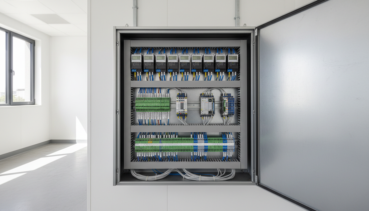 Wide-angle view of an industrial control panel with RS485 Modbus meters and terminal blocks.