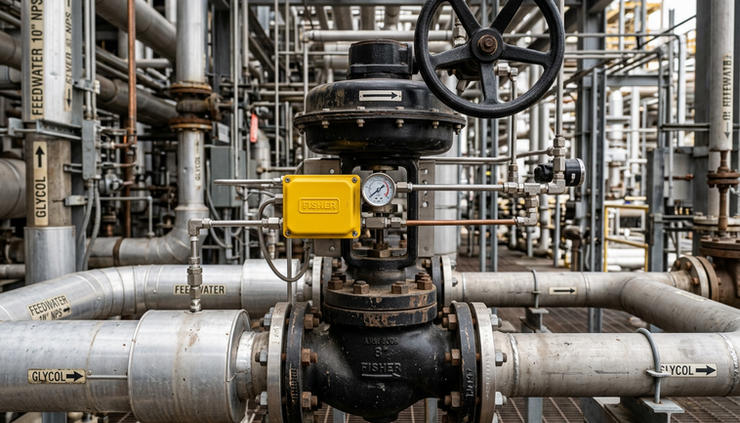 Eye-level view of a control valve assembly on a process line