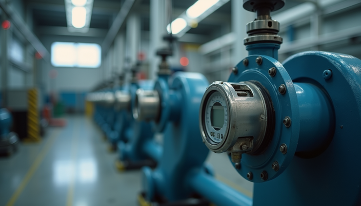 Eye-level view of a Prosense electromagnetic flow meter installed on an industrial pipeline