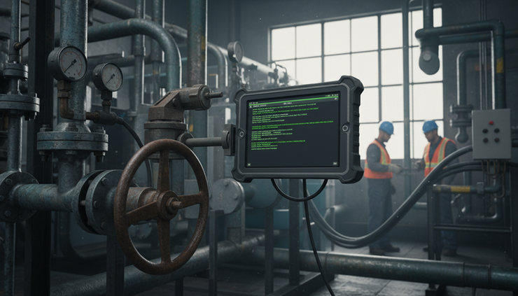 Eye-level view of a rugged field tablet showing a command history beside industrial equipment.