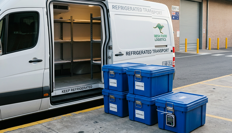 Eye-level view of insulated food delivery tubs beside a refrigerated van with a portable temperature logger attached.