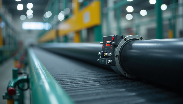 Close-up view of a temperature and humidity sensor installed on an industrial conveyor system in a rubber manufacturing plant