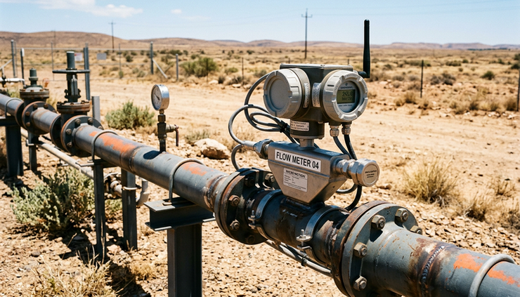 Wide-angle view of a gas flow meter installed on an outdoor pipeline in harsh sunlight