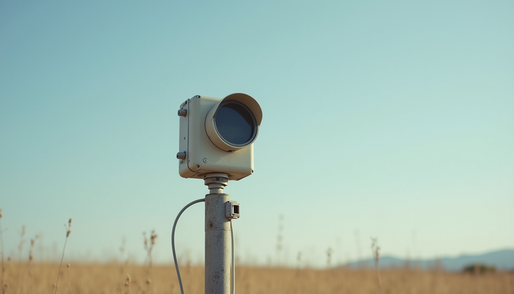 Eye-level view of rugged environmental sensor mounted on a field pole