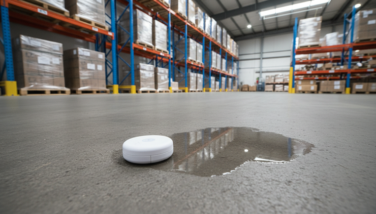 Low-angle view of a water leak sensor on a warehouse floor near pallet racks